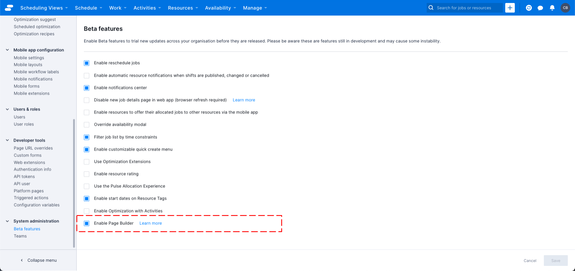 The Settings > Beta features page highlighting the ‘Enable page builder’ checkbox