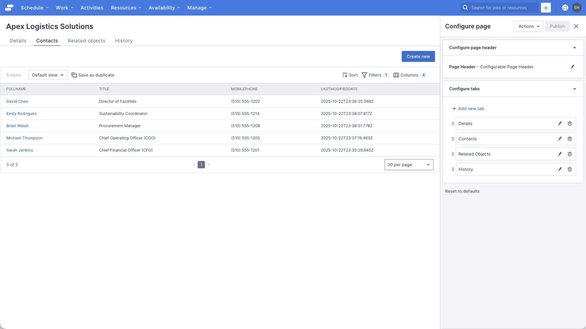 A preview of the account detail page with a new “Contacts” tab showing only a “Create new” button aligned to the right of the page, and a related list of contact records