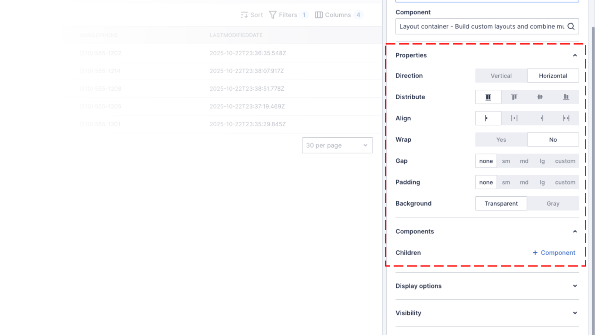 A close up of the page builder, showing the properties and children of a layout container component
