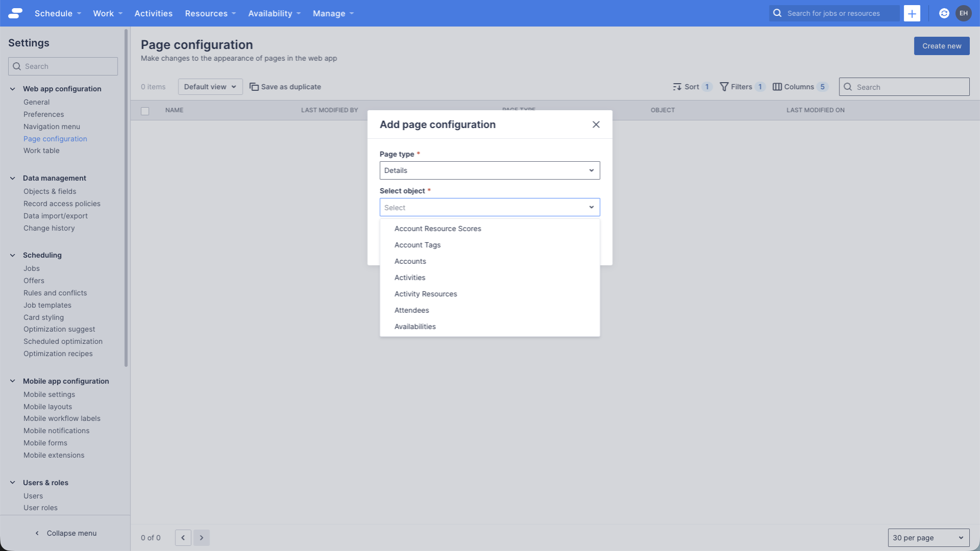 Create a new page configuration.