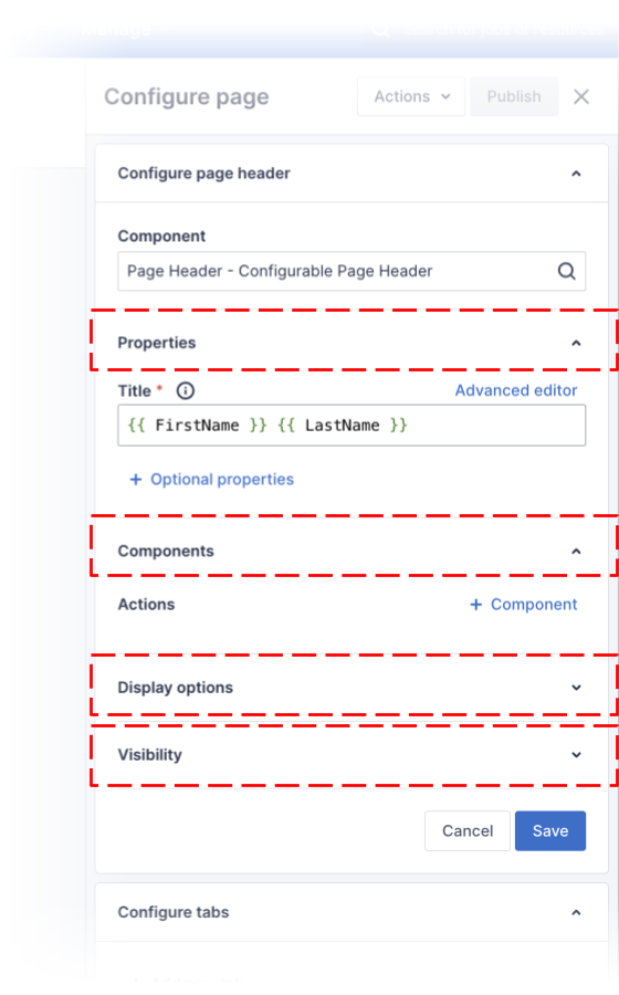 Closeup of the properties panel showing the three categories of component properties