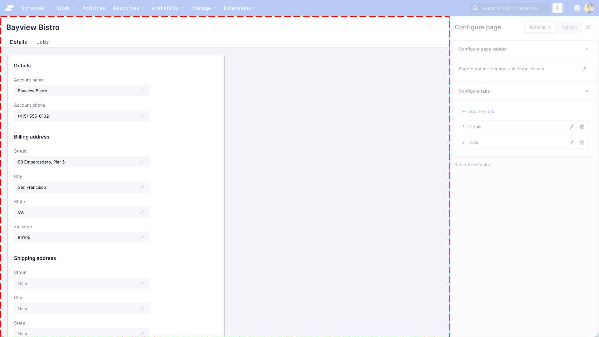 Page builder UI with the header highlighted