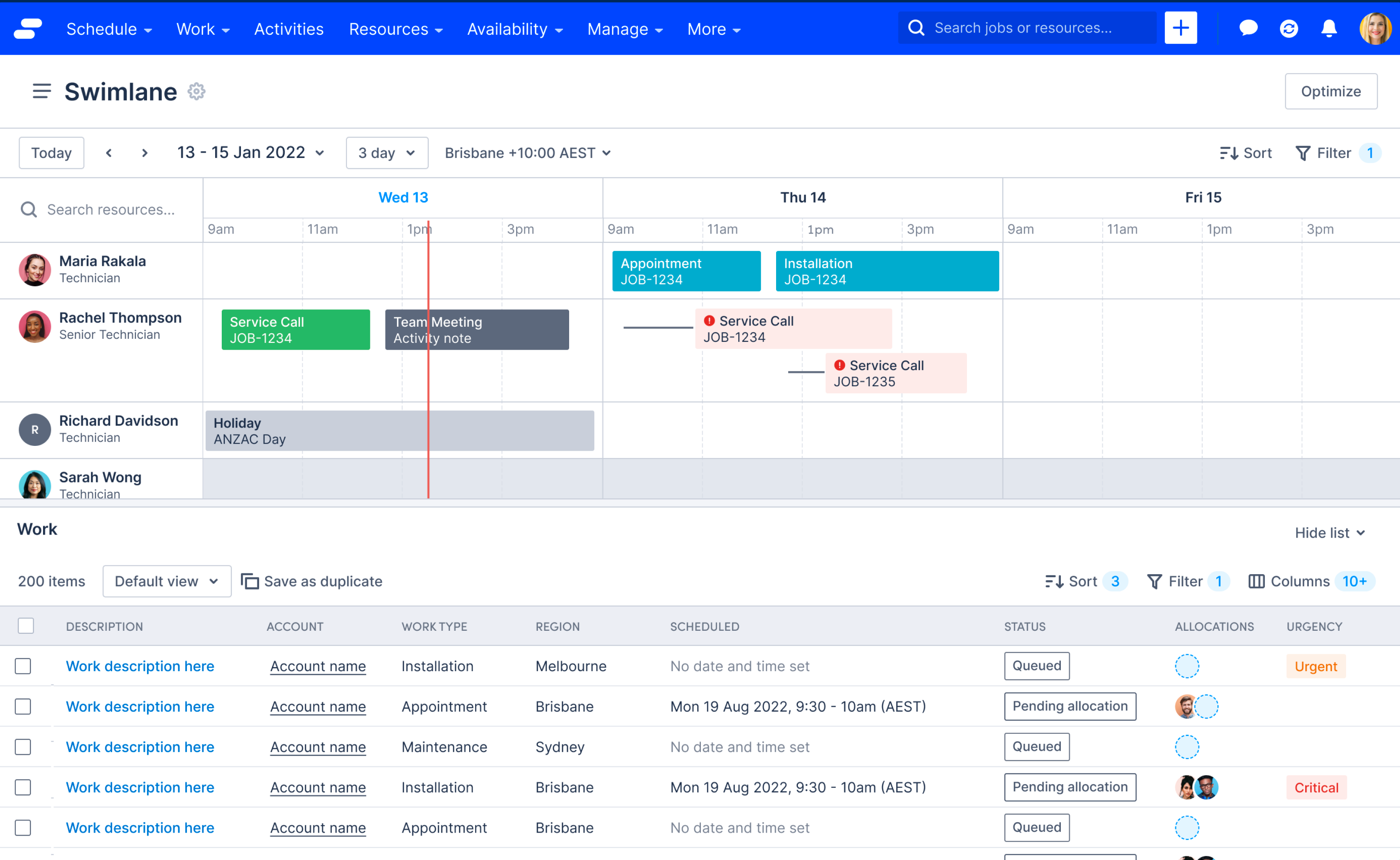 The Pulse Scheduling Experience swimlane with context panel open.