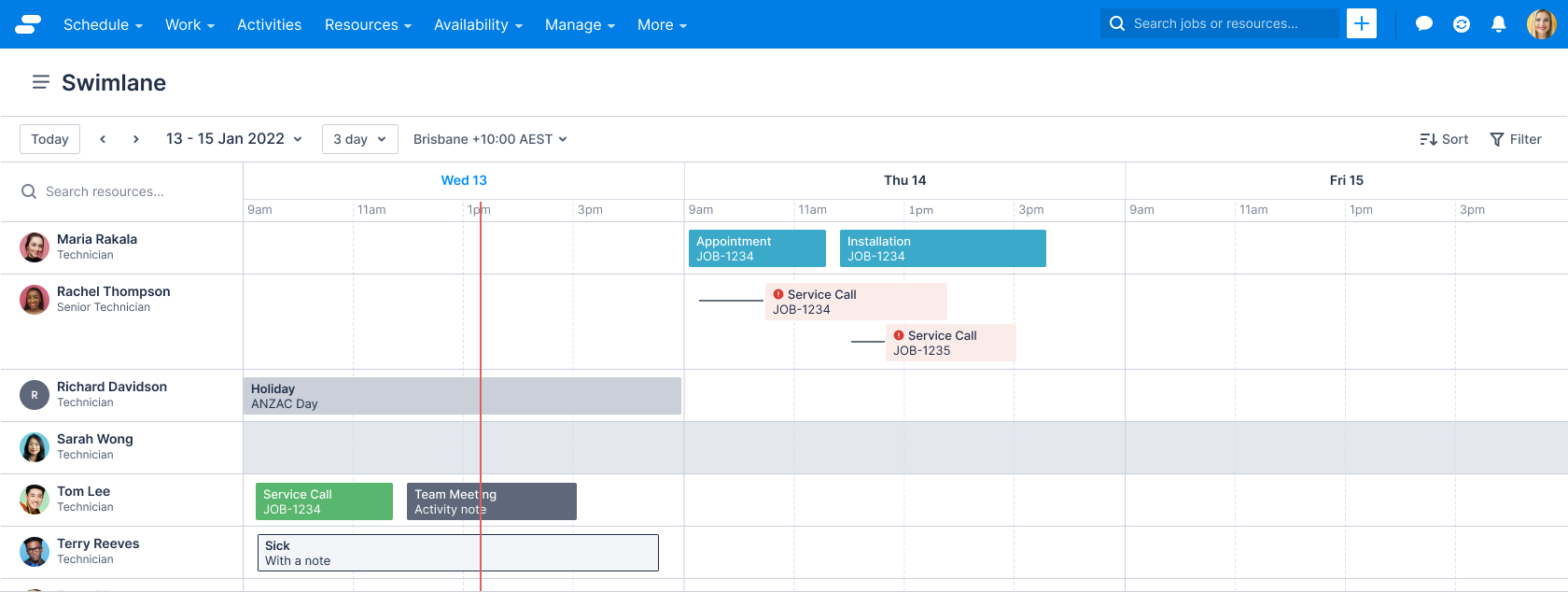 Resource scheduling view showing different entities in the swimlane.