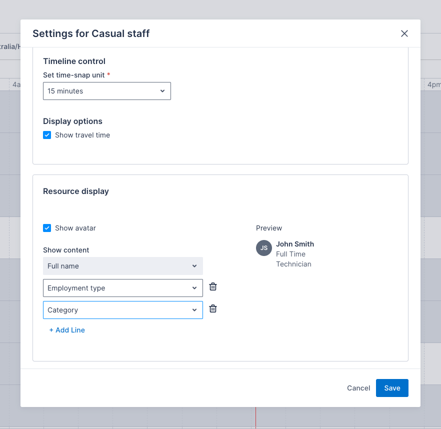 The swimlane settings for how the resource displays