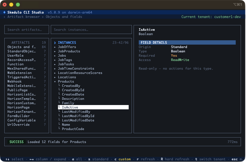 The browse artifacts screen in Skedulo CLI Studio