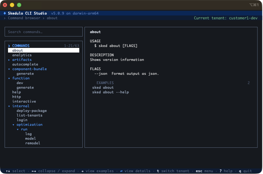 The browse commands screen in Skedulo CLI Studio