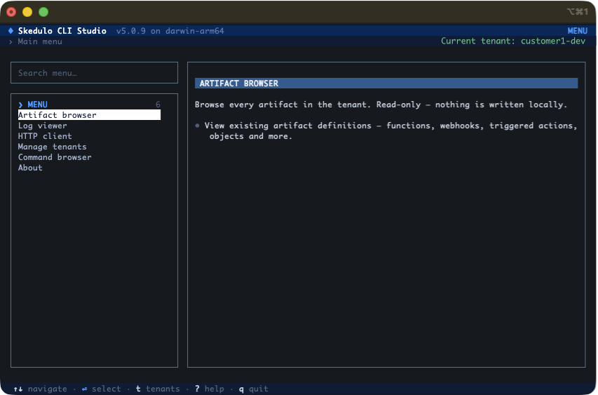 The main menu in Skedulo CLI Studio
