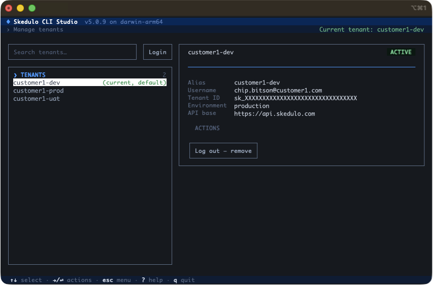 The manage tenants screen in Skedulo CLI Studio