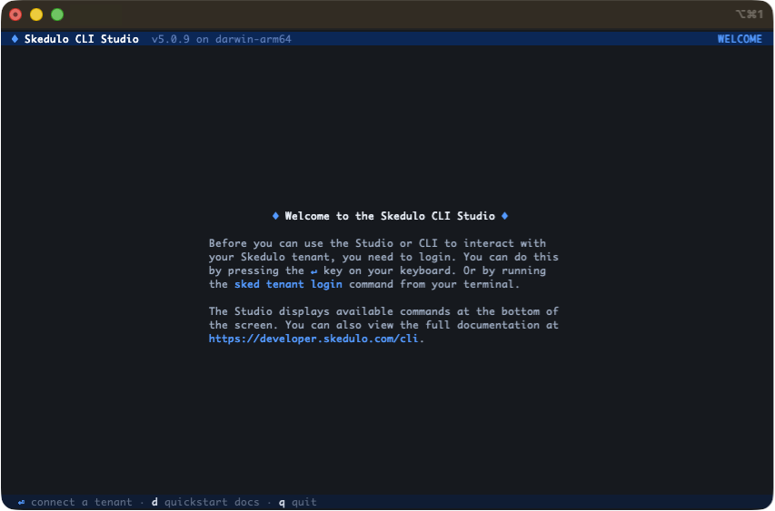 The welcome screen in Skedulo CLI Studio