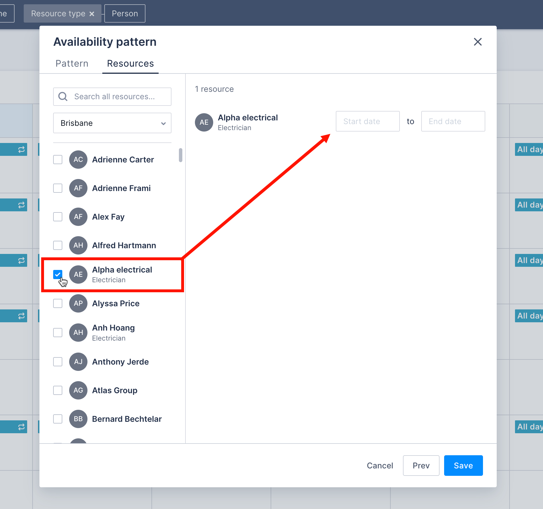 The Availability pattern modal open on the Patterns tab