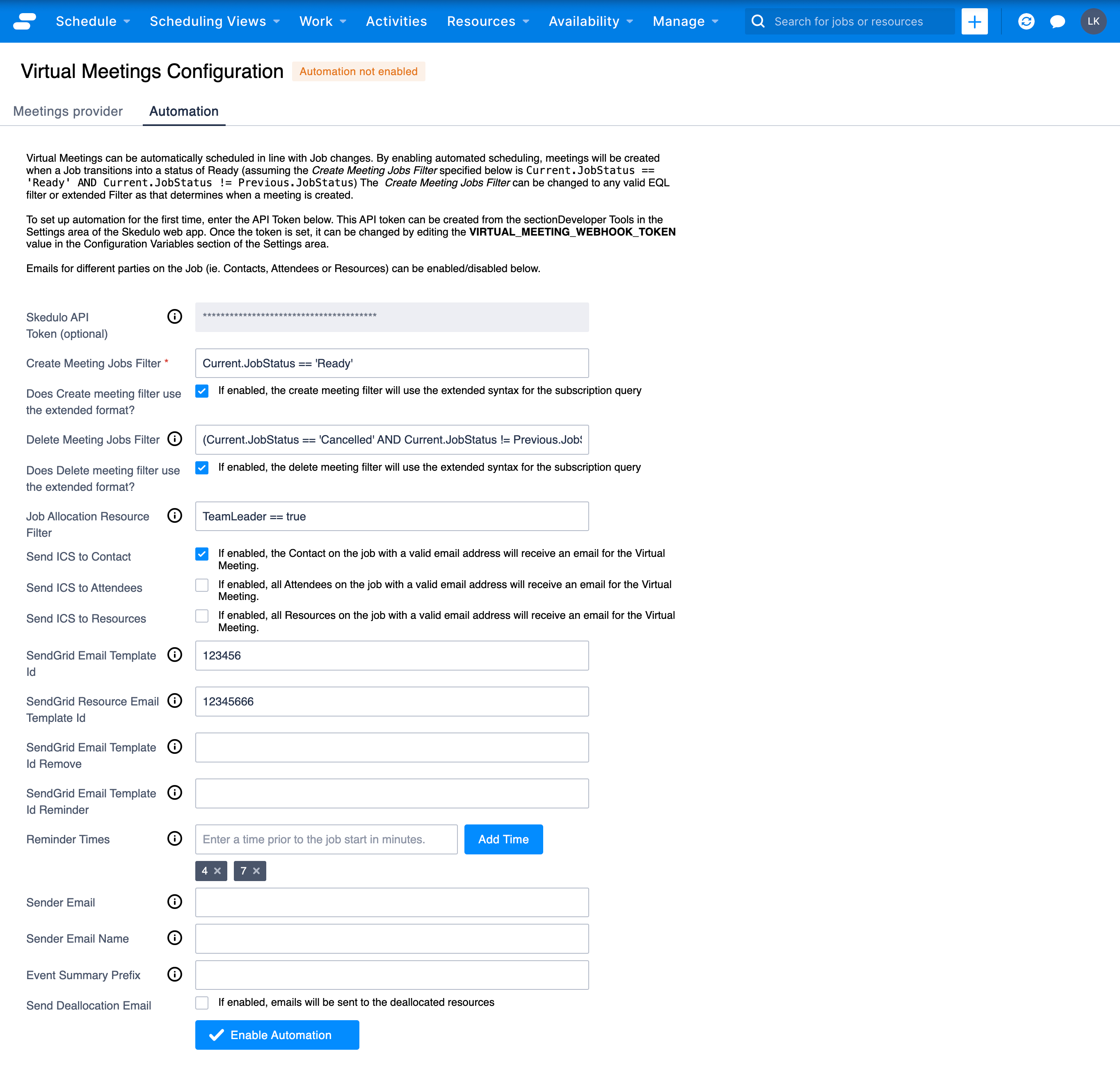 Virtual meetings extension automation config